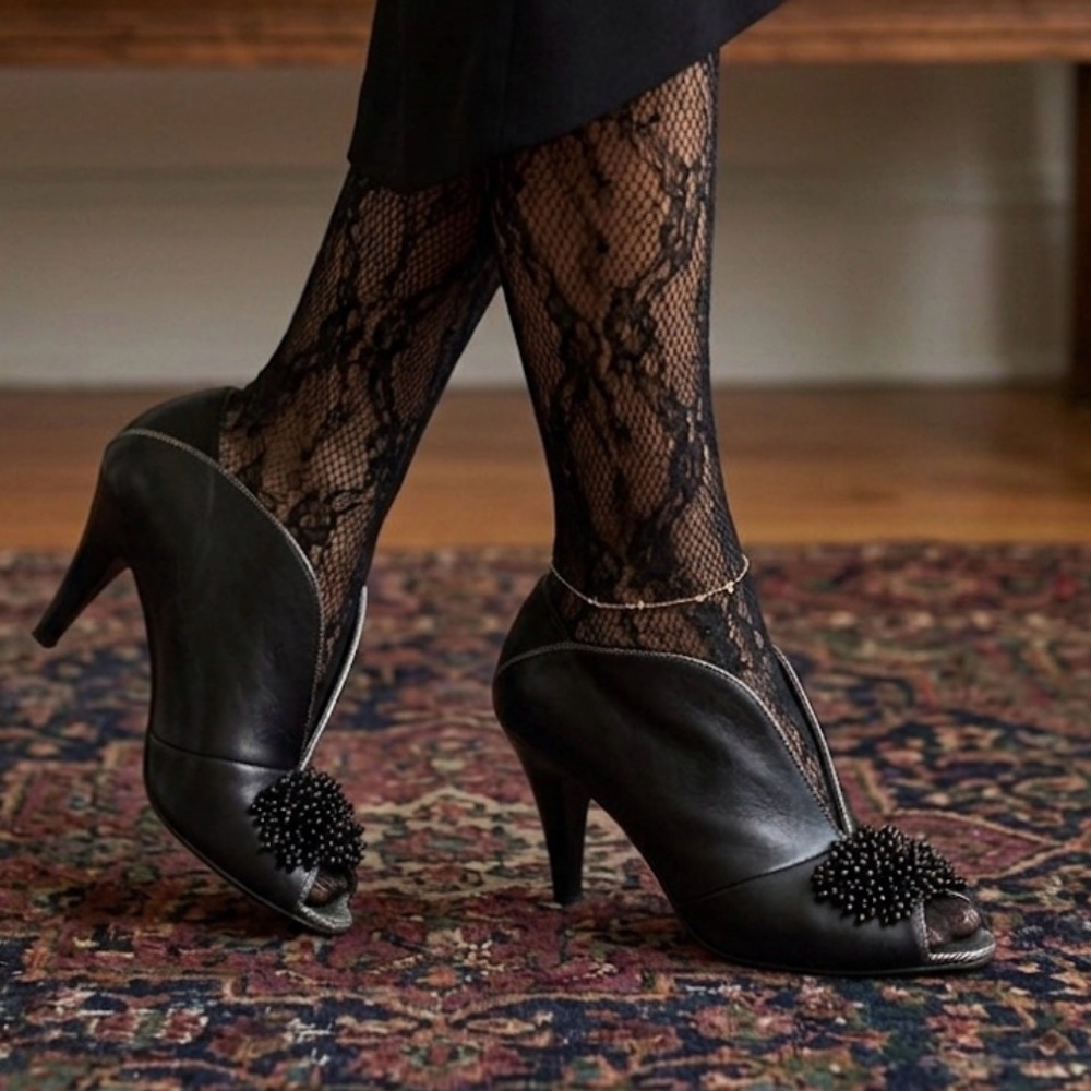 Poetic Licence Black Peep-Toe Heels – Beaded Pom Detail, Size EU 39.5 / US 9–9.5 - Picture 8 of 8